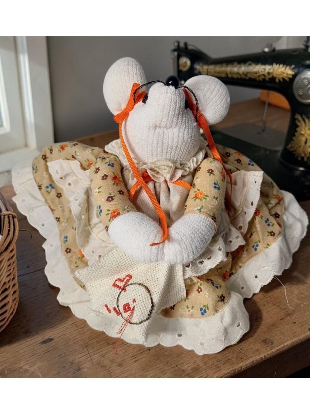 Handmade Cross Stitching Sock Mouse Doll 7" Country Kitsch Sewing Prairie